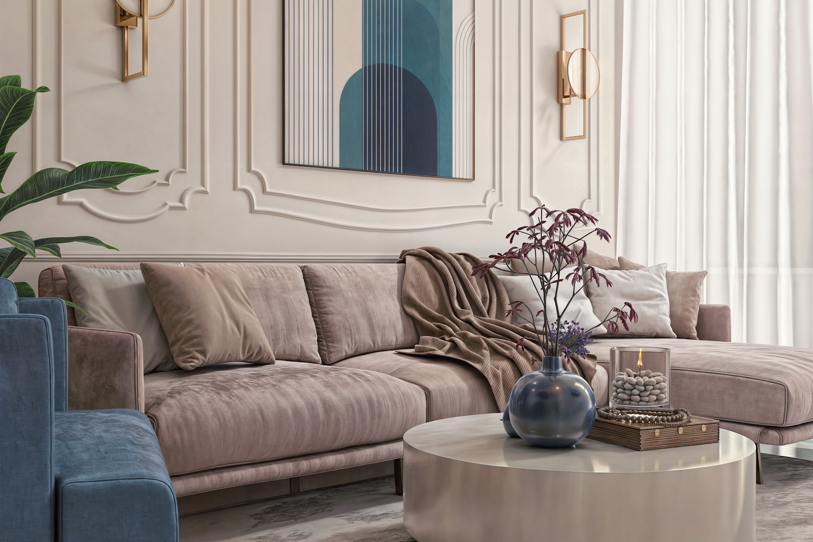 Render of a living room with a blush velvet sectional sofa and a blue accent armchair in front of a moulded panel wall hung with a blue arch-motif print