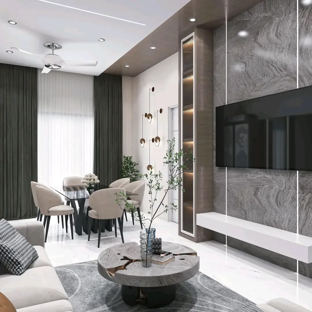 Render of a grey-and-olive living room where a book-matched stone TV wall meets a slim white floating console