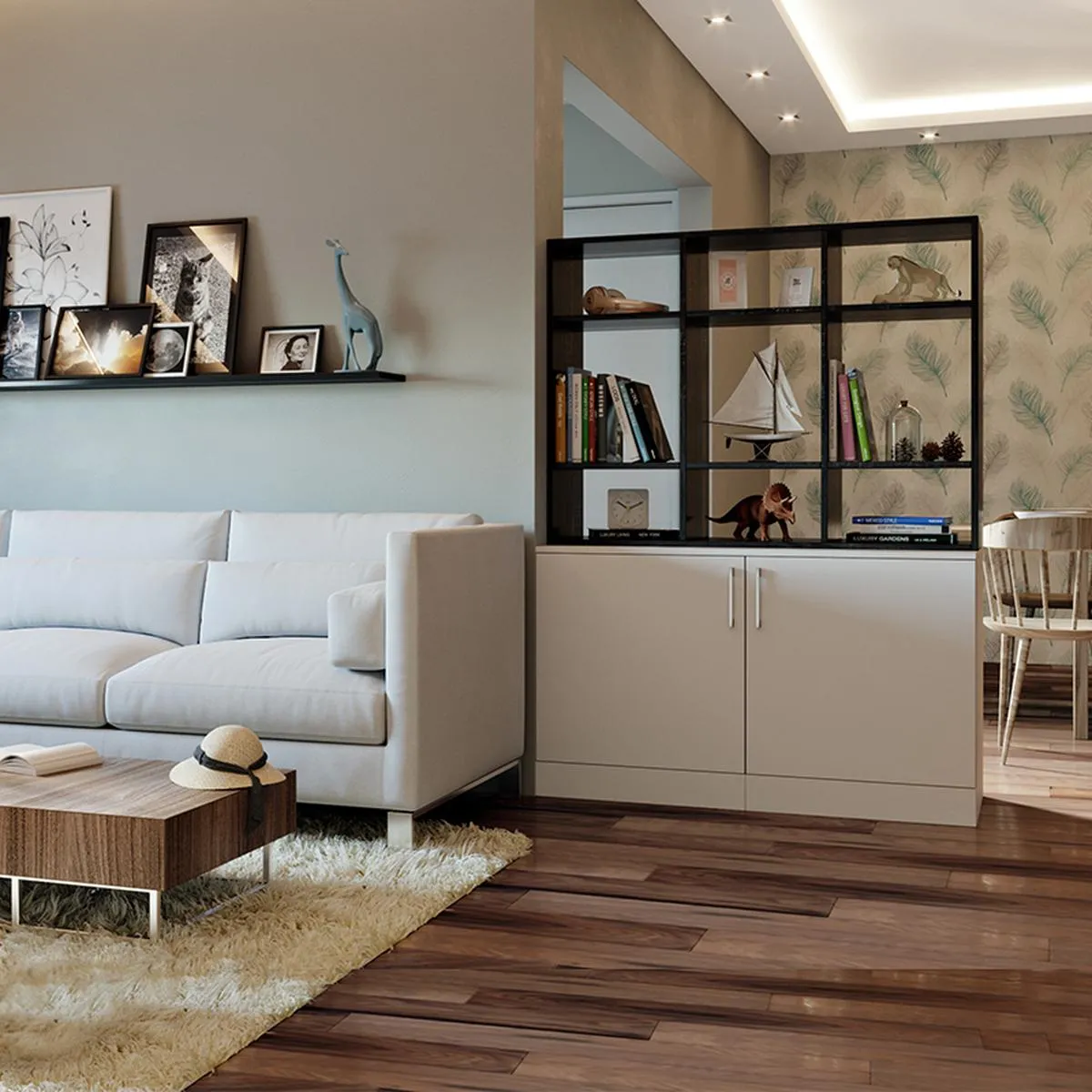 Render of a living room where a white sofa and walnut block coffee table sit on a shaggy cream rug