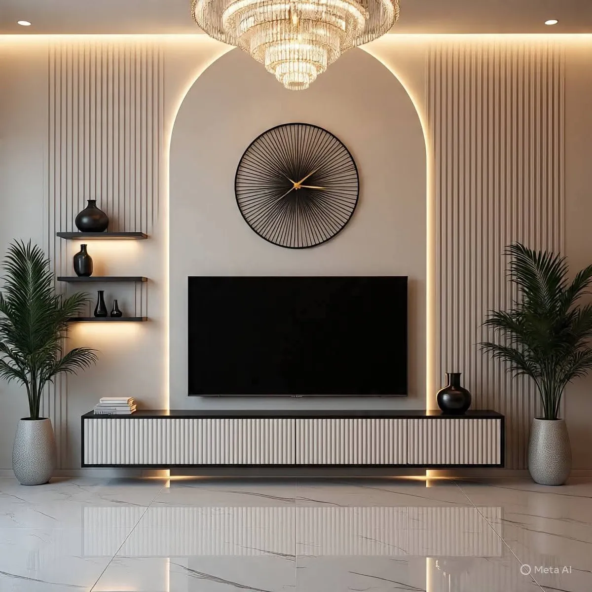 Render of a living-room TV wall where a back-lit plain arch is cut into full-height fluted panelling