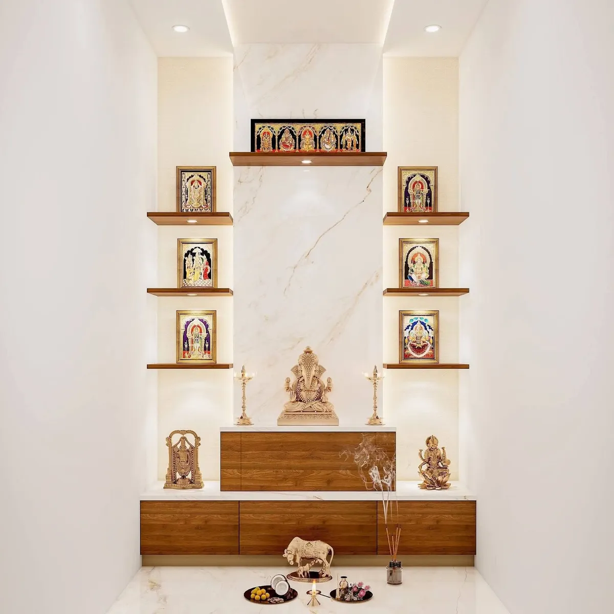Render of a marble-clad pooja alcove with four teak floating shelves stepping up each side holding framed Tanjore deities