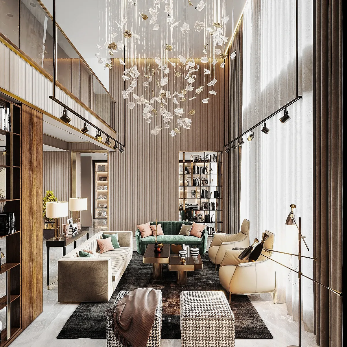 Render of a double-height living room: a cascade of glass-petal pendants falling through the void over a cream channel sofa and an emerald velvet settee
