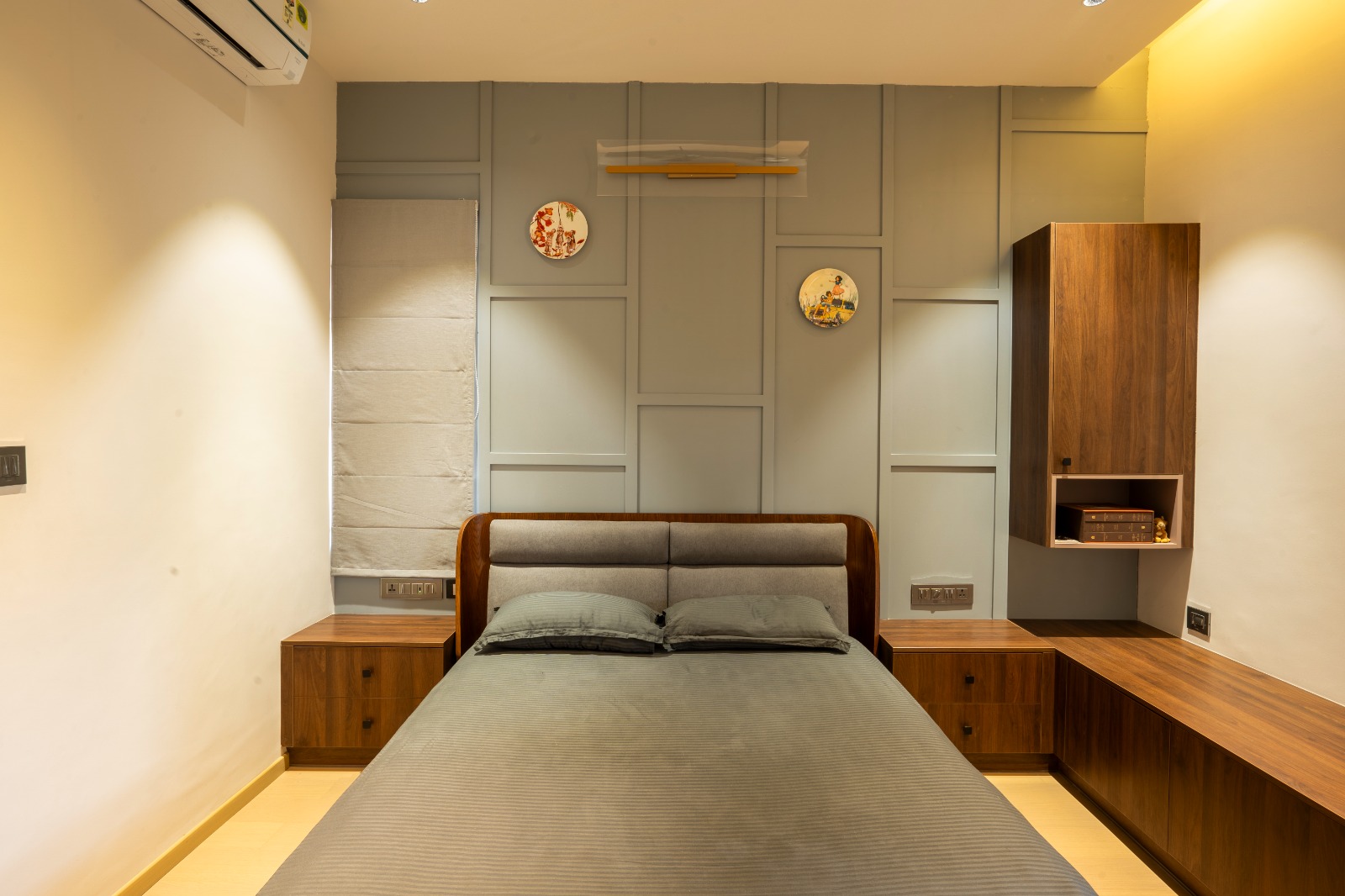 grey modern indian master bedroom with moulding — real Indian home