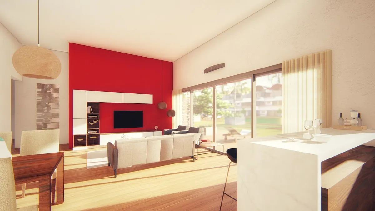 Render of an open-plan floor where a crimson TV wall with a white floating media unit anchors the living zone