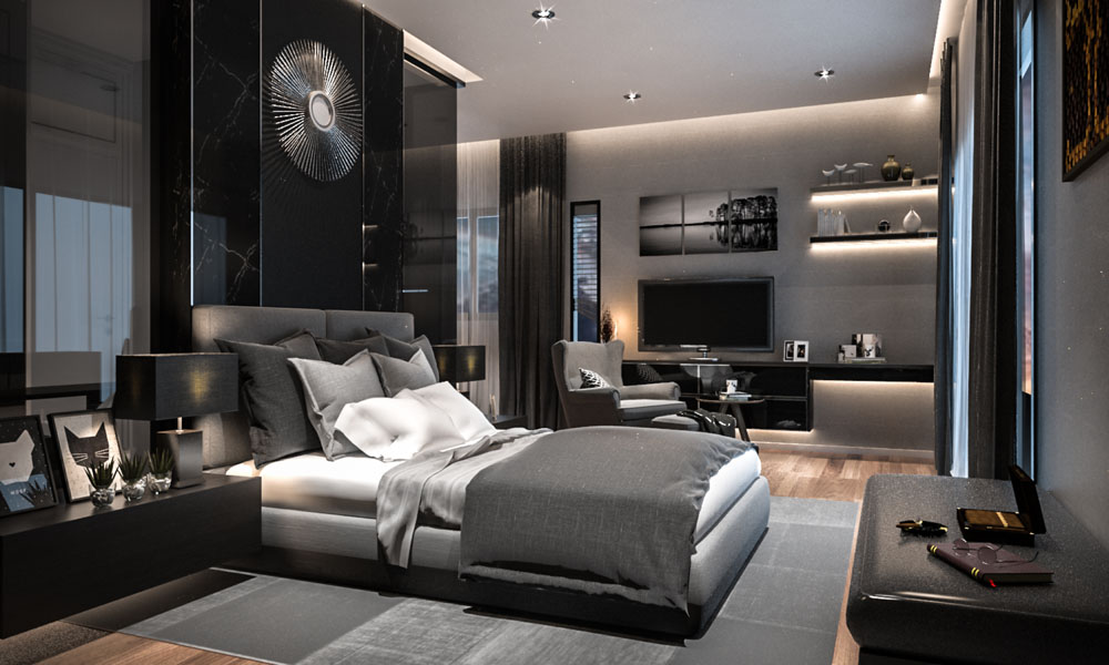 Render of a dark master bedroom with a black marble feature wall and starburst mirror behind the bed, facing a wall-mounted TV, gallery wall and armchair.