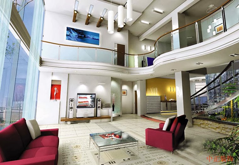Render of a double-height living room with a mezzanine balcony, spiral staircase, and deep red sofas around a glass coffee table.