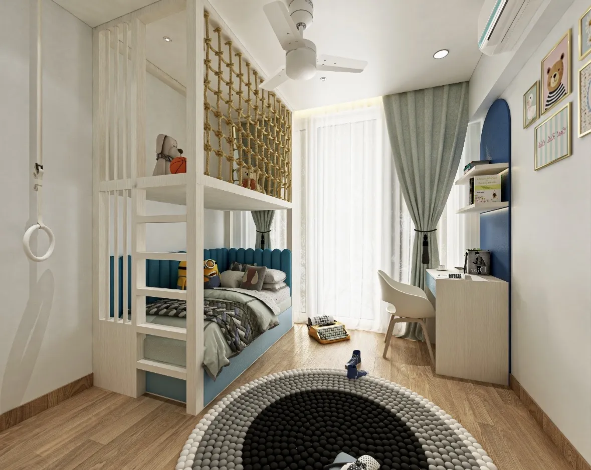 Narrow child's room with a light-oak bunk bed whose upper deck is enclosed by a knotted rope climbing net, gymnastic rings