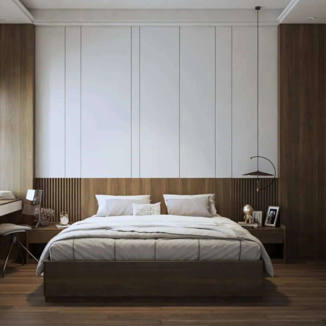 Render of a bedroom where a white V-grooved panel wall sits above a walnut fluted dado headboard, with a low walnut platform bed