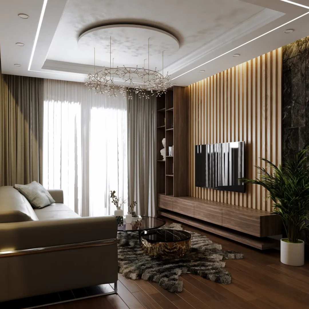 Render of a living room whose TV floats on a back-lit oak slat wall beside a dark marble corner slab, with a wall-hung walnut console