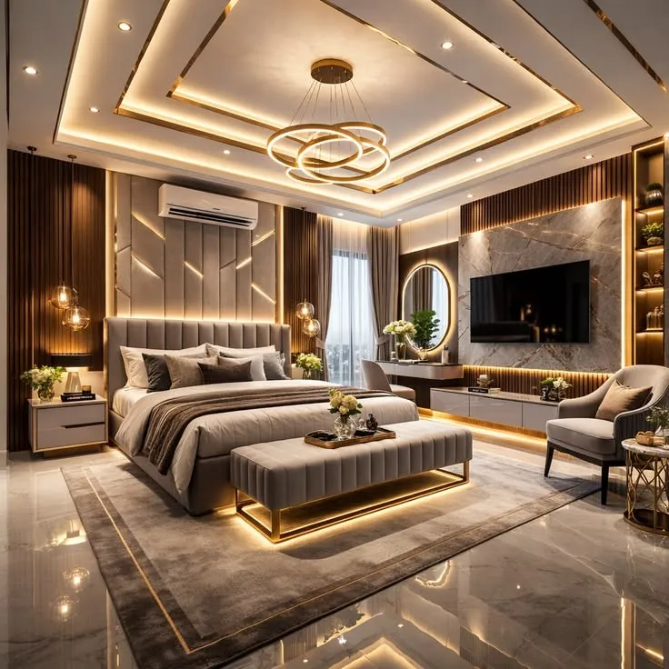 Render of a bedroom with a gold ring chandelier, a marble TV feature wall, a beige tufted headboard with an LED-lit bench at the foot of the bed