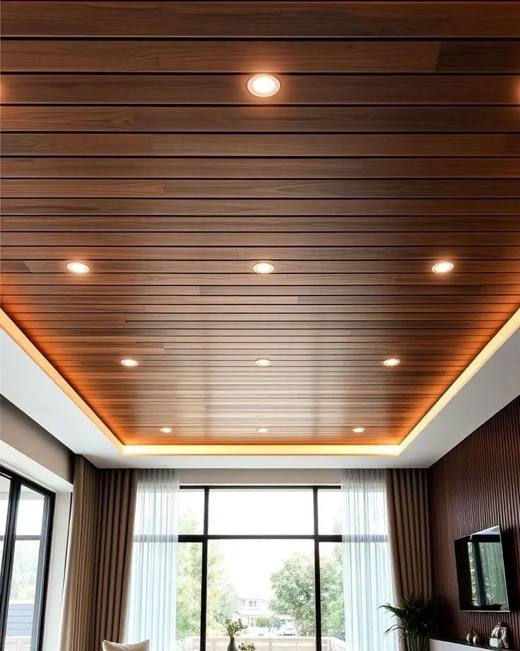 Living room with a warm wood-plank ceiling and cove lighting, floor-to-ceiling glazed doors with sheer curtains, and a dark fluted panelling wall behind the TV.