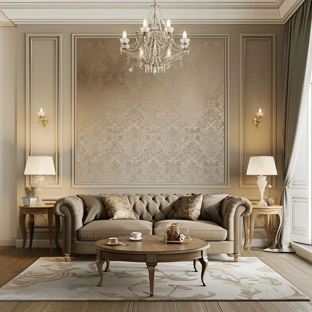 Render of a symmetrical beige classical sitting room: a button-tufted sofa centred under a crystal chandelier against a large damask-papered panel