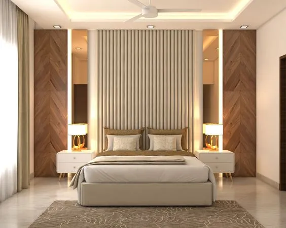 Render of a bedroom with a full-height cream fluted panel behind the bed, chevron wood panels and slim backlit mirror niches on either side
