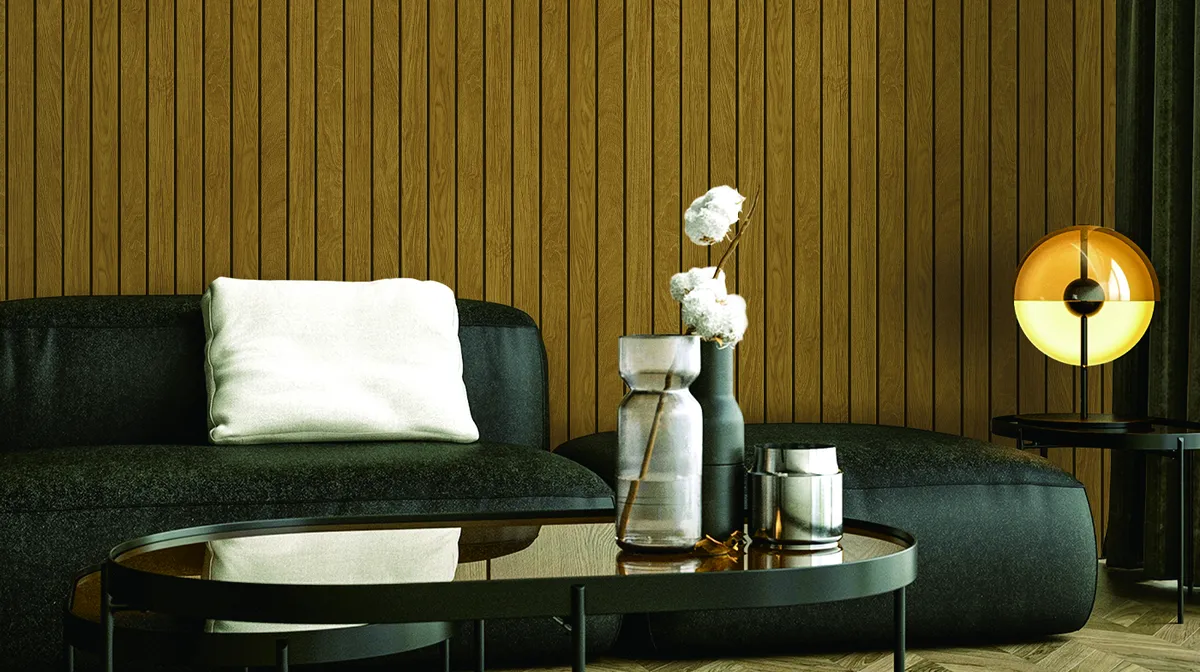 Render of a living room with a dark green modular sofa, black fluted wood wall panelling
