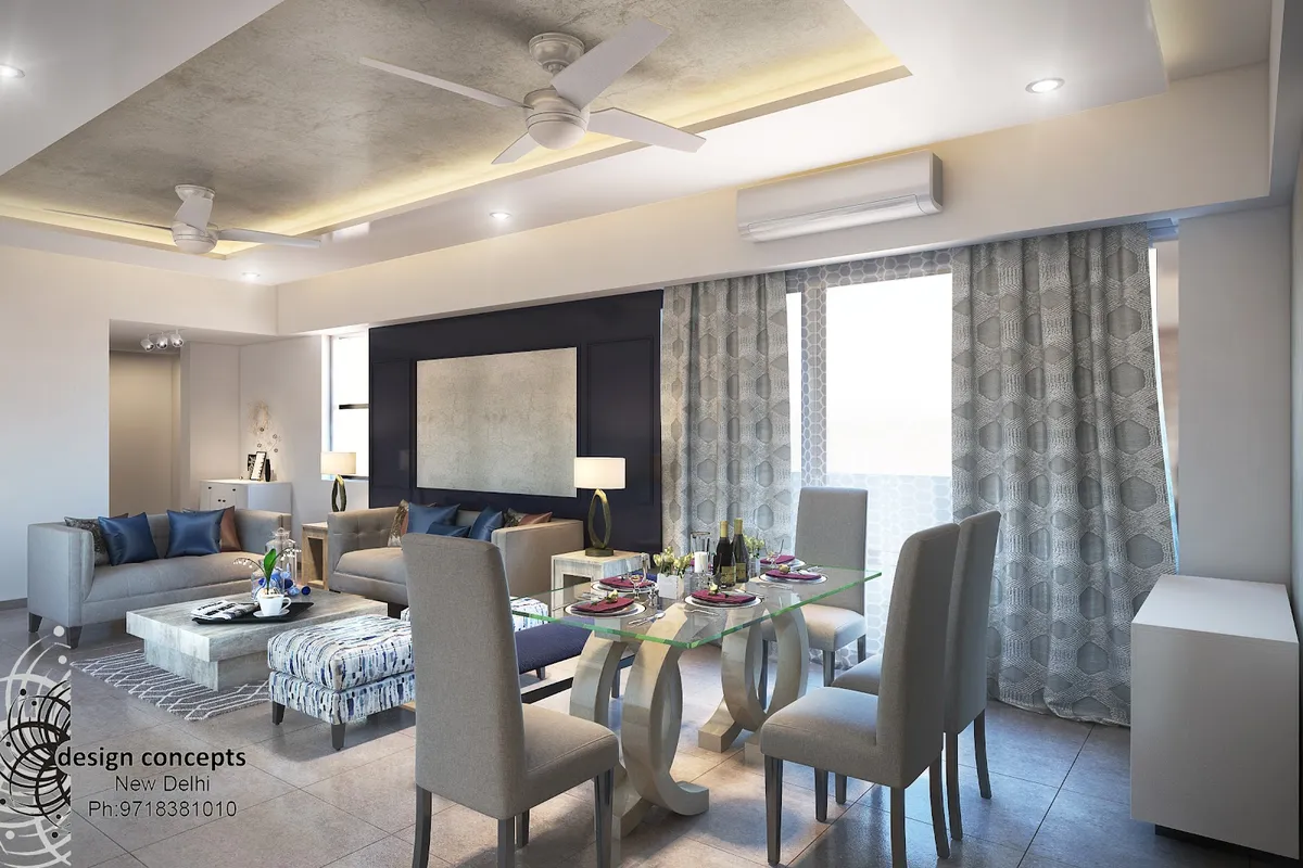 Watermarked render of an open living-dining in a Delhi flat: navy panelled feature wall behind the grey sofas