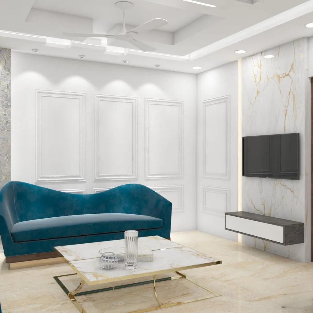 Render of a living room where a teal velvet curved settee stands against white moulded wall panelling