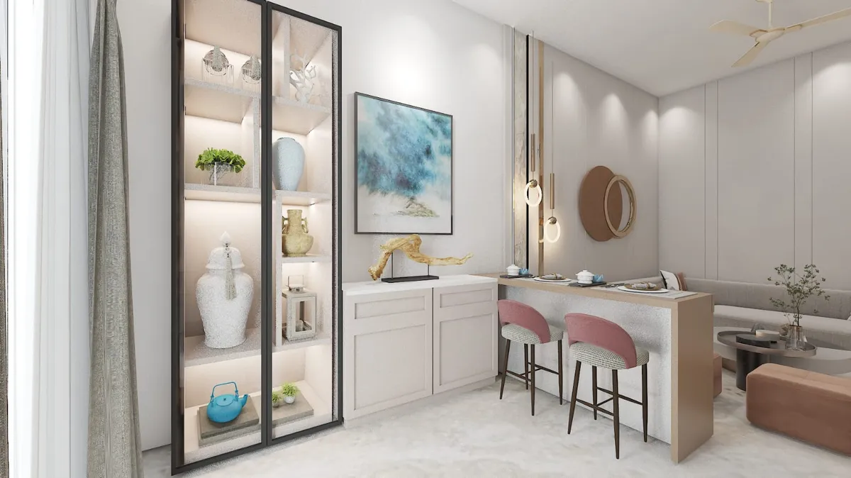Render of a compact breakfast counter in stone and oak with two blush bar stools, beside a black-framed glass display cabinet holding a teal teapot and ginger