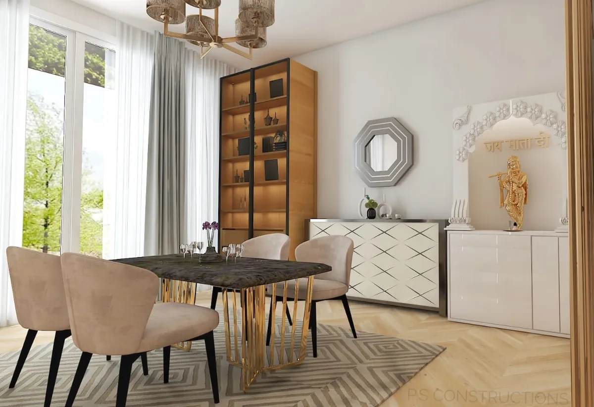 Render of a dining area with a green marble-top table on gold hairpin legs, blush upholstered chairs, a tall wood display cabinet