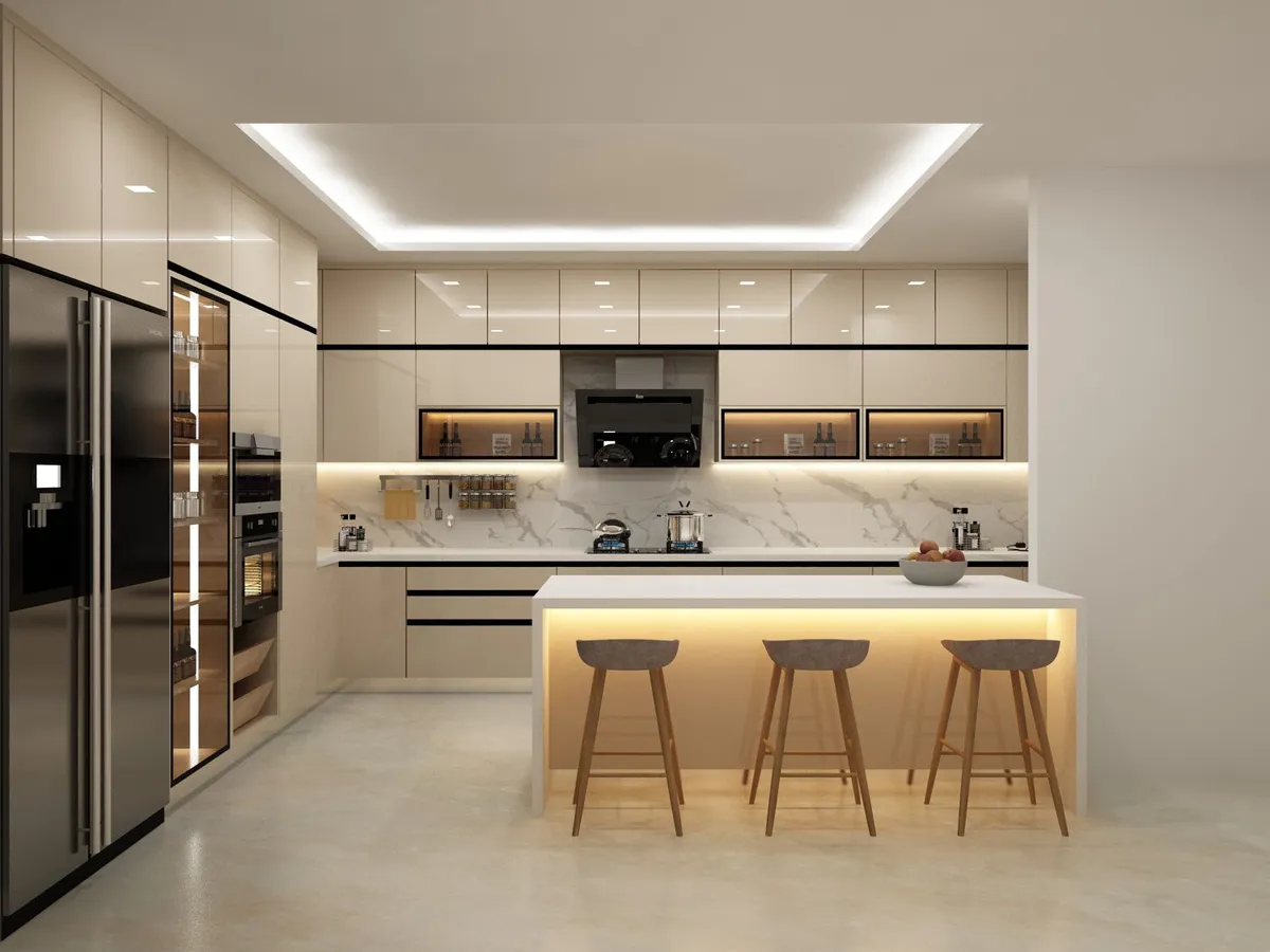 Render of an ivory gloss kitchen with a backlit island and three timber bar stools, lit niches in the wall-unit run and a cove-lit ceiling raft over the island