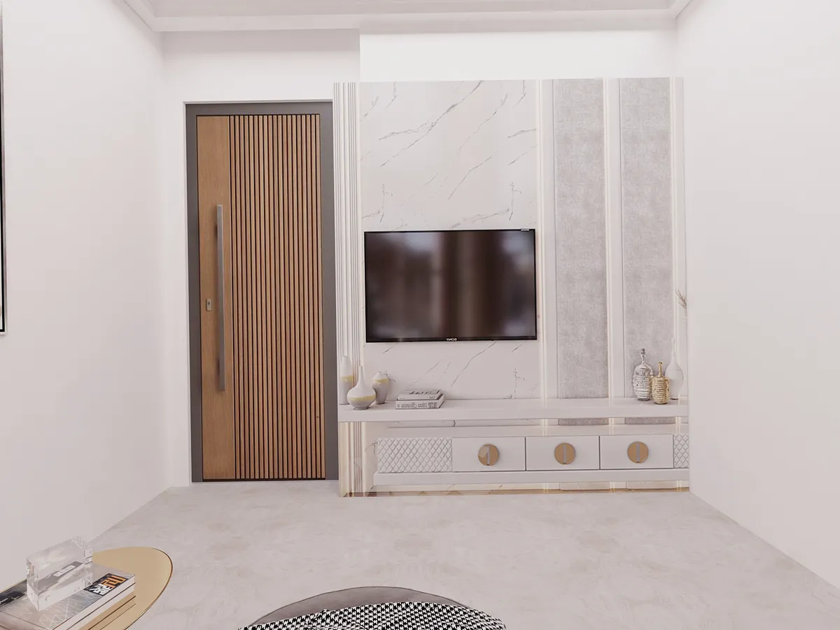 Render of a pale living room TV wall banded in white marble, grey upholstered flutes and fluted white pilasters