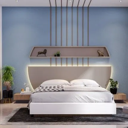 Render of a bedroom where a curved cream leather headboard glows on backlit cove strips against a powder-blue wall
