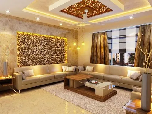 Render of a long living room where a backlit 3D-textured feature panel runs behind a cream leather sectional