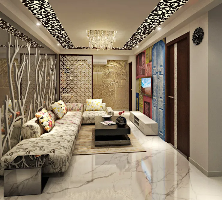 Render of a narrow living room where an L-shaped floral-print sofa faces a white floating TV unit, the wall behind layered with a carved relief panel