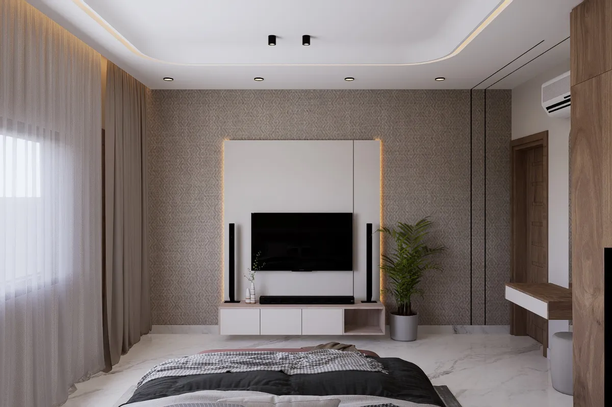 Render of a bedroom with a patterned taupe wallpaper feature wall, a backlit floating TV unit, layered sheer and blackout curtains, and a marble floor