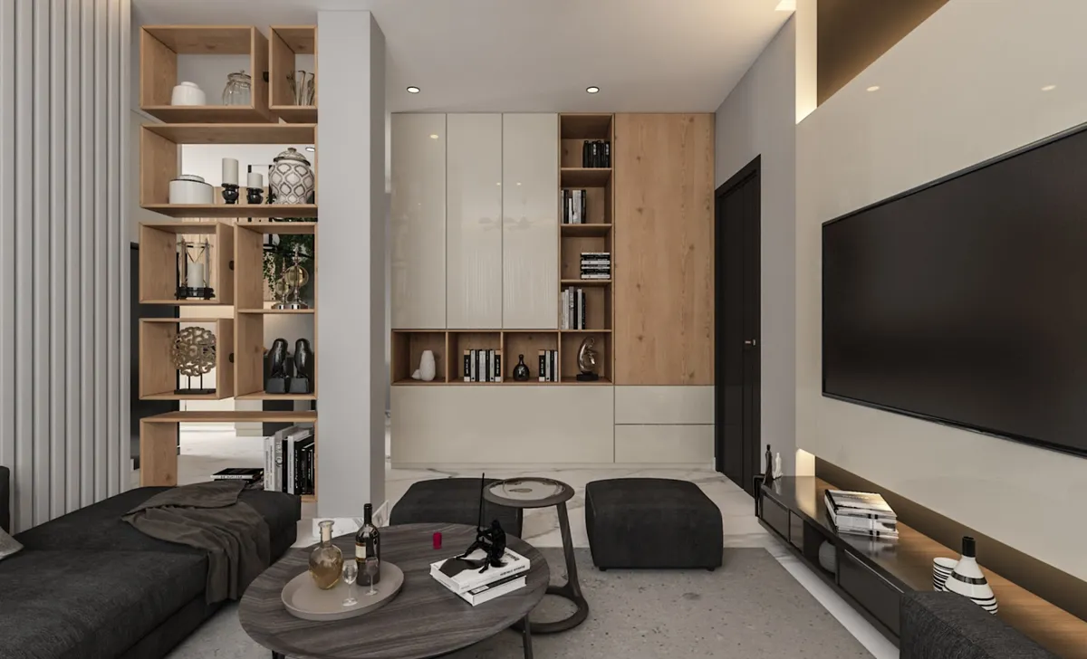 Render — a living room with an open wood-and-glass display shelf column, a cream and oak wall cabinet, and a floating TV console over terrazzo-look flooring.