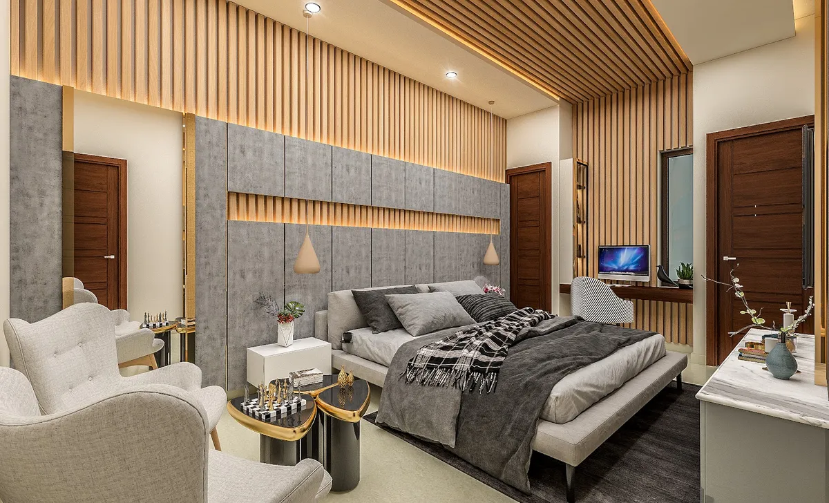 Render of a wide bedroom where a concrete-panel headboard wall carries a backlit fluted recess with two conical pendants