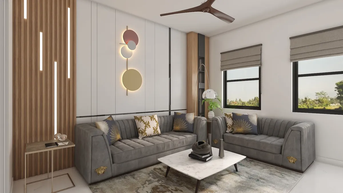 Render of a compact living room with two grey channel-tufted sofas facing across a white marble coffee table