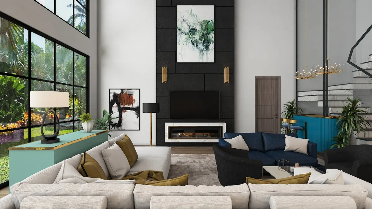 Render of a double-height living room with a black stone fireplace-TV feature wall, a teal console, navy and cream sectional sofas