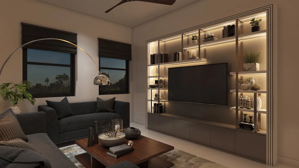 Render of an evening-lit living room with a charcoal sectional sofa, a two-tier wood coffee table, and an open backlit shelving unit with a wall-mounted TV.