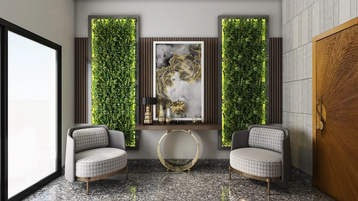 Render of an entrance foyer where two tall green-wall panels flank a gold-and-grey abstract artwork above a walnut console on a polished brass ring base