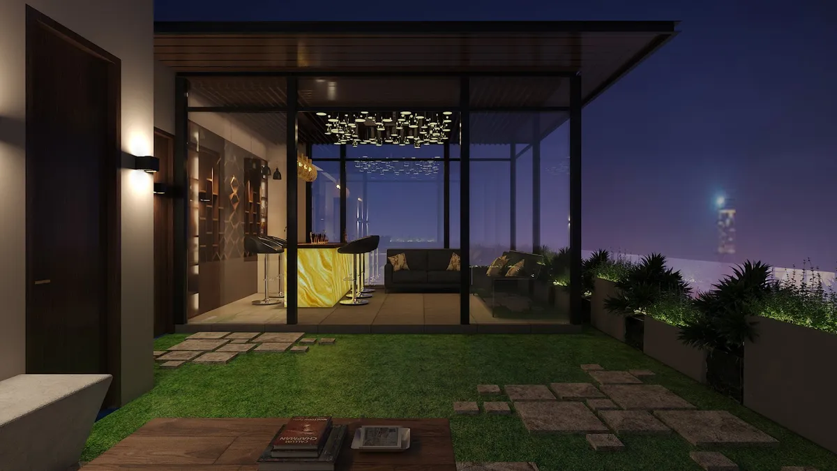 Rendered rooftop terrace lounge with a glass-walled pavilion housing a backlit amber onyx bar counter, dark leather sofa seating
