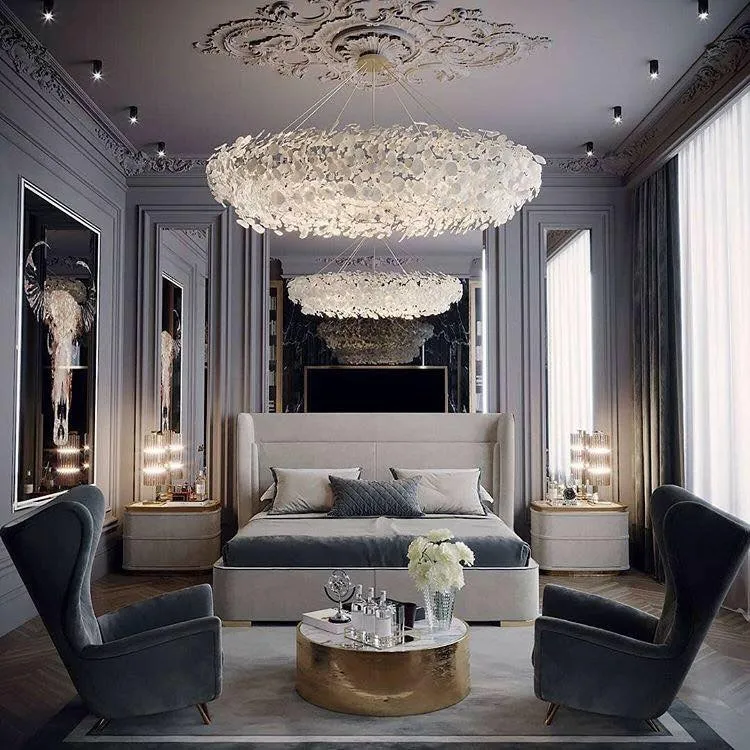 Render of a grey-lilac neoclassical bedroom where two tiers of petal chandelier hang from a carved plaster rose