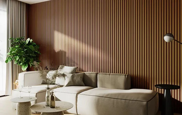 Render of a living room with a full-height fluted wood slat accent wall behind a cream modular sofa and round terrazzo side tables.