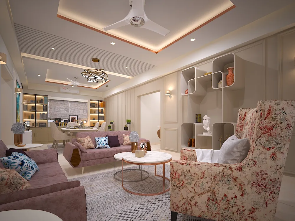 Render of an open living-dining space with a mauve velvet sofa, a floral wingback armchair, a round marble-top coffee table