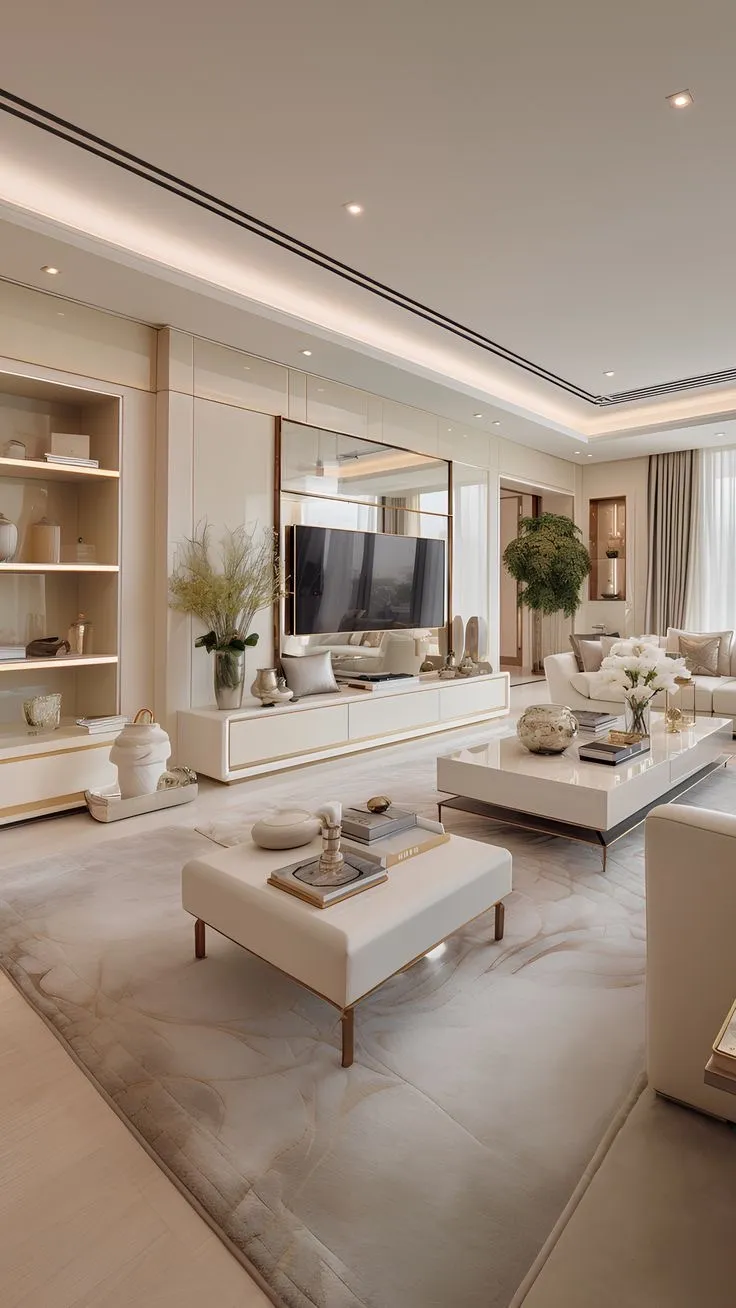Render of a long ivory living room where a mirror-framed TV sits on a white lacquer console with brass reveals, flanked by lit open shelving