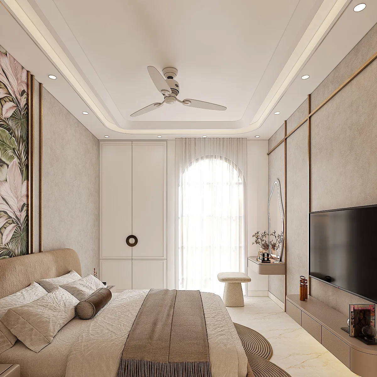Render of a beige-on-beige bedroom where a tropical-leaf mural strip meets brass-inlaid wall panels and an arched sheer-curtained window beside a pebble-shaped