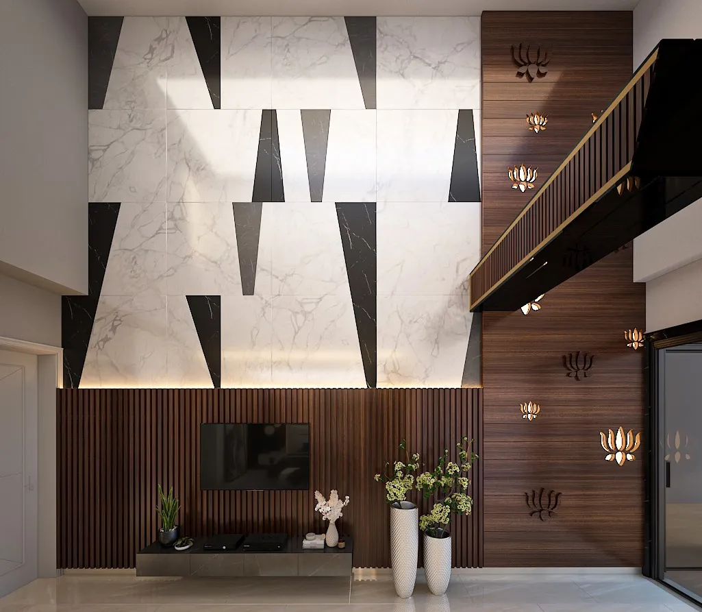 Render of a double-height living room TV wall: white marble slabs with angular black inlay wedges above a fluted walnut panel and floating console