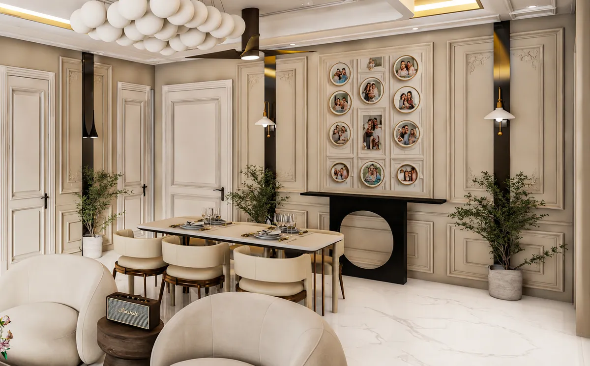 Render of a beige panelled dining room with a bubble-cluster pendant, a curated circular photo-gallery wall, and marble flooring.