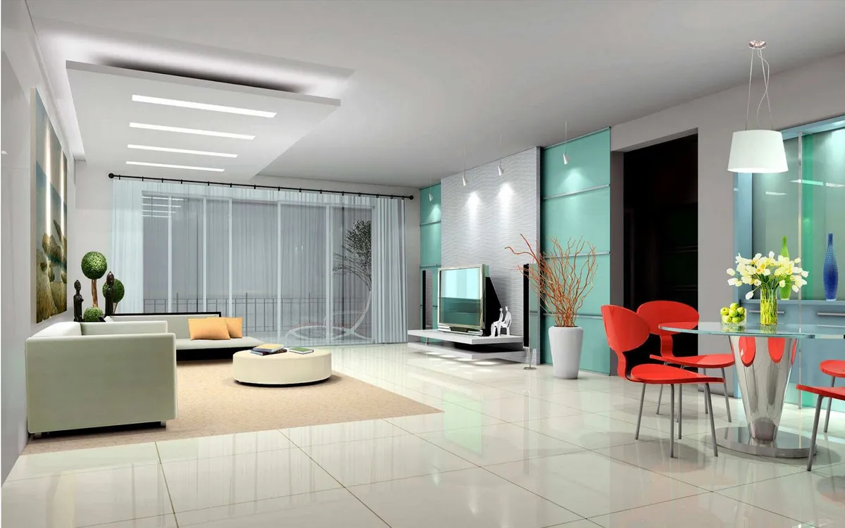 Dated render of a living room opening into a dining corner, with mint back-painted glass panels behind a floating TV console