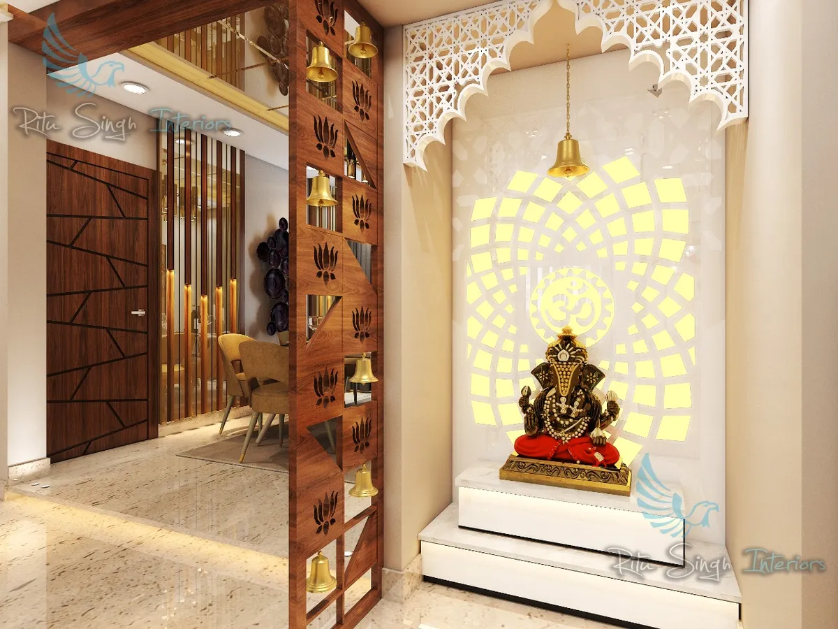 Render of a pooja niche where a backlit white CNC jaali with an Om motif and scalloped arch sits behind a brass Ganesh idol on a stepped white platform