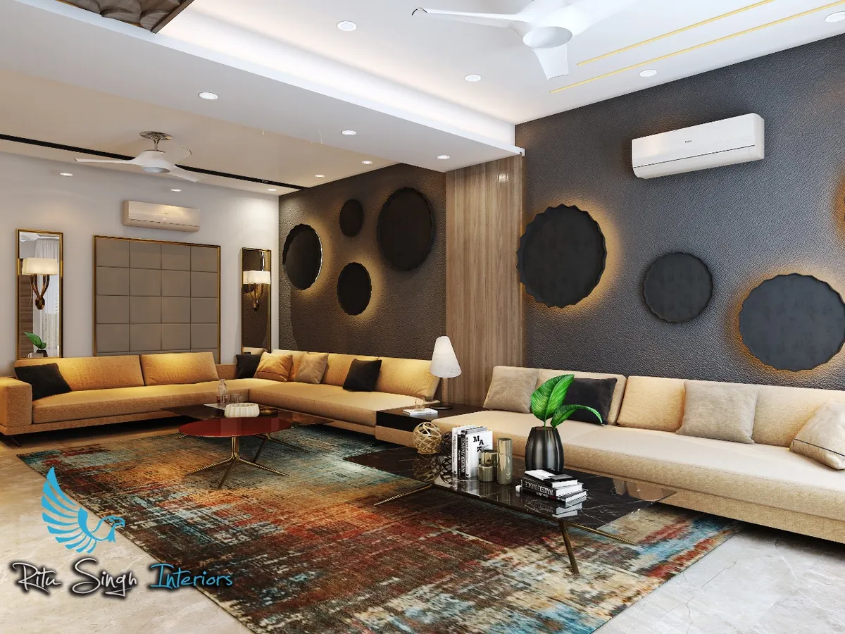 Render of a large living room with two sectional sofas facing a dark textured wall of backlit scalloped circular art discs