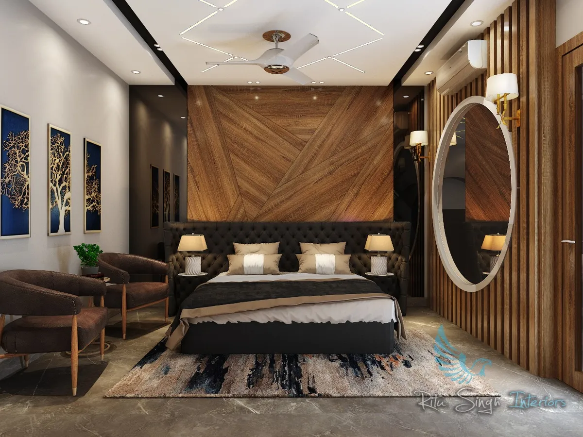 Render of a master bedroom with a chevron-laid wood veneer headboard wall, deep-buttoned charcoal bed