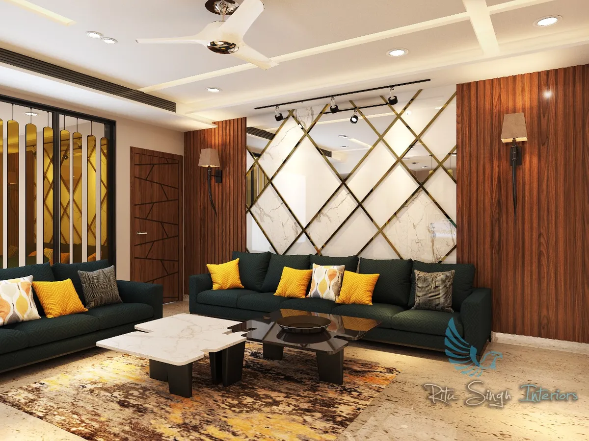 Render of a living room with two bottle-green sofas and mustard cushions around split marble-and-black coffee tables