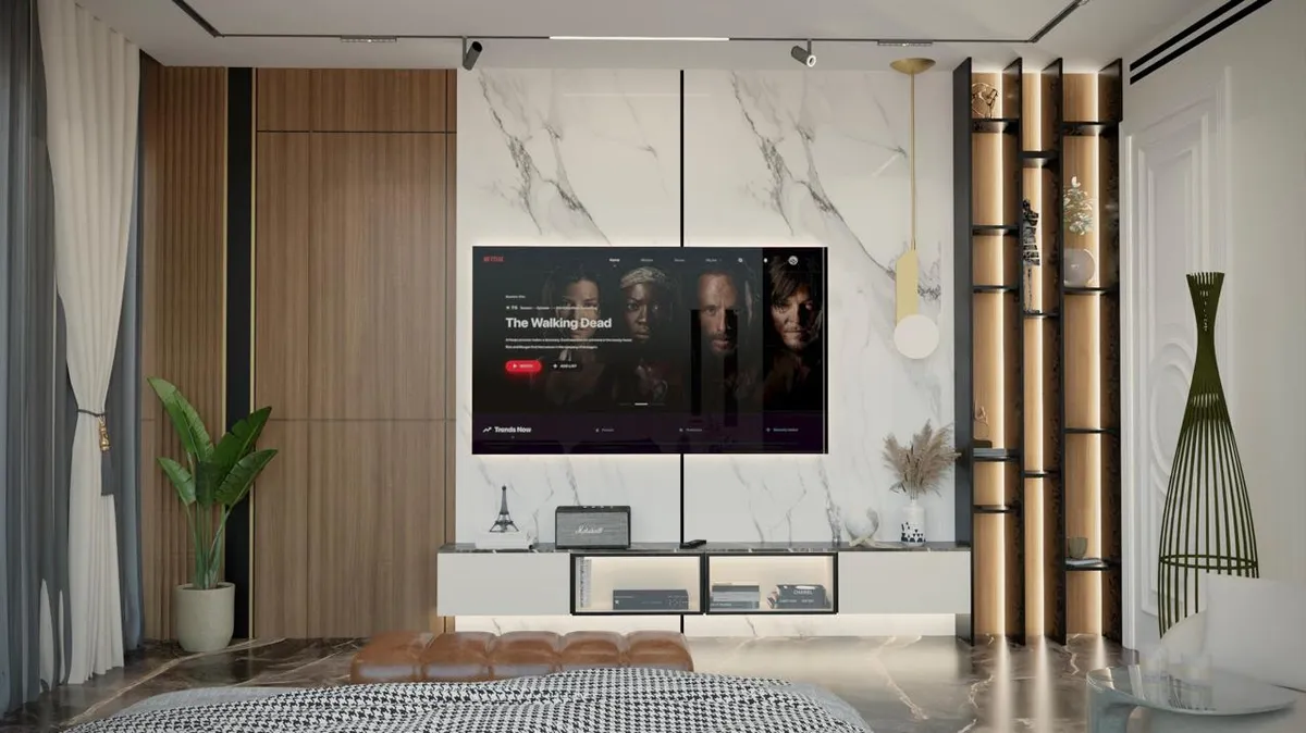Render of the TV wall opposite a bed dressed in houndstooth, with the screen floating on a book-matched statuario slab panel