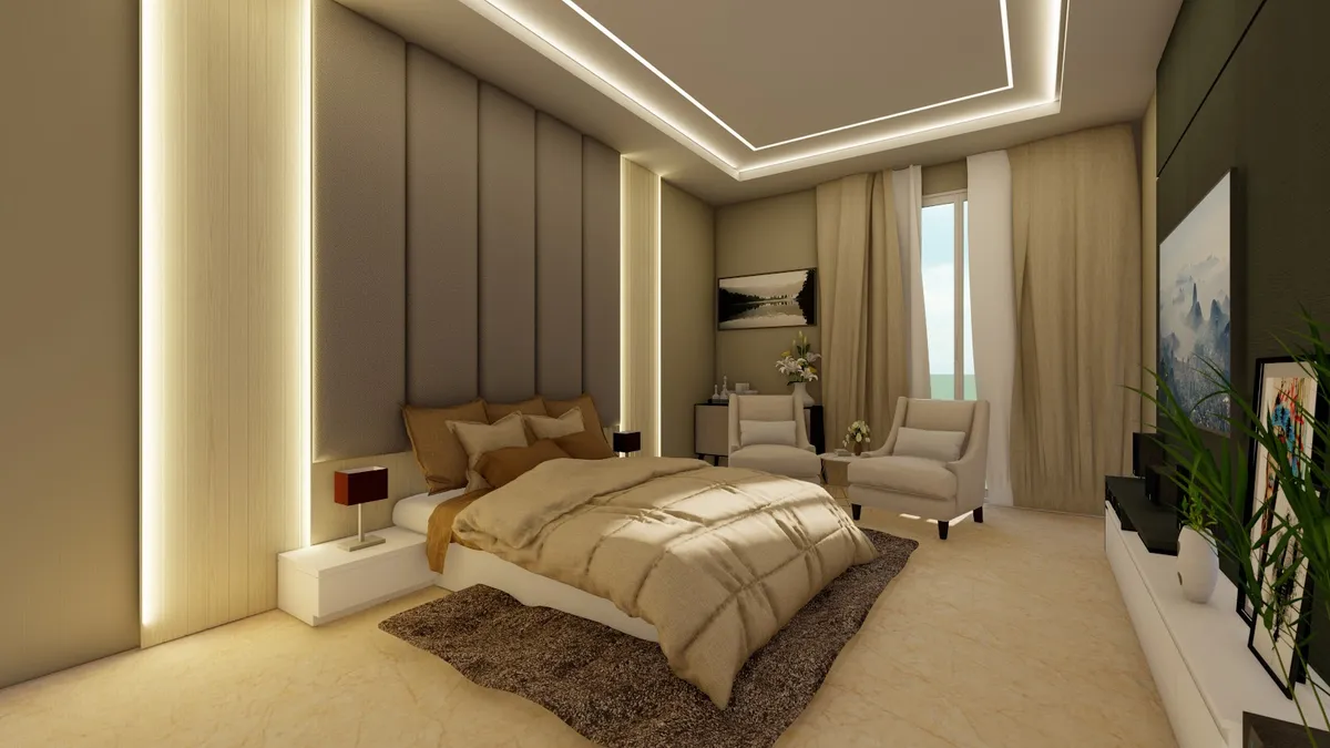 Render of a wide beige bedroom - taupe channelled upholstery running full height behind the low bed, vertical LED strips down each side of it