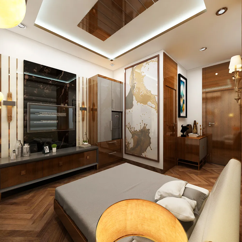 Render of a narrow bedroom where a wall-hung TV on a black marble panel faces the bed, flanked by brass-lined fluted panelling